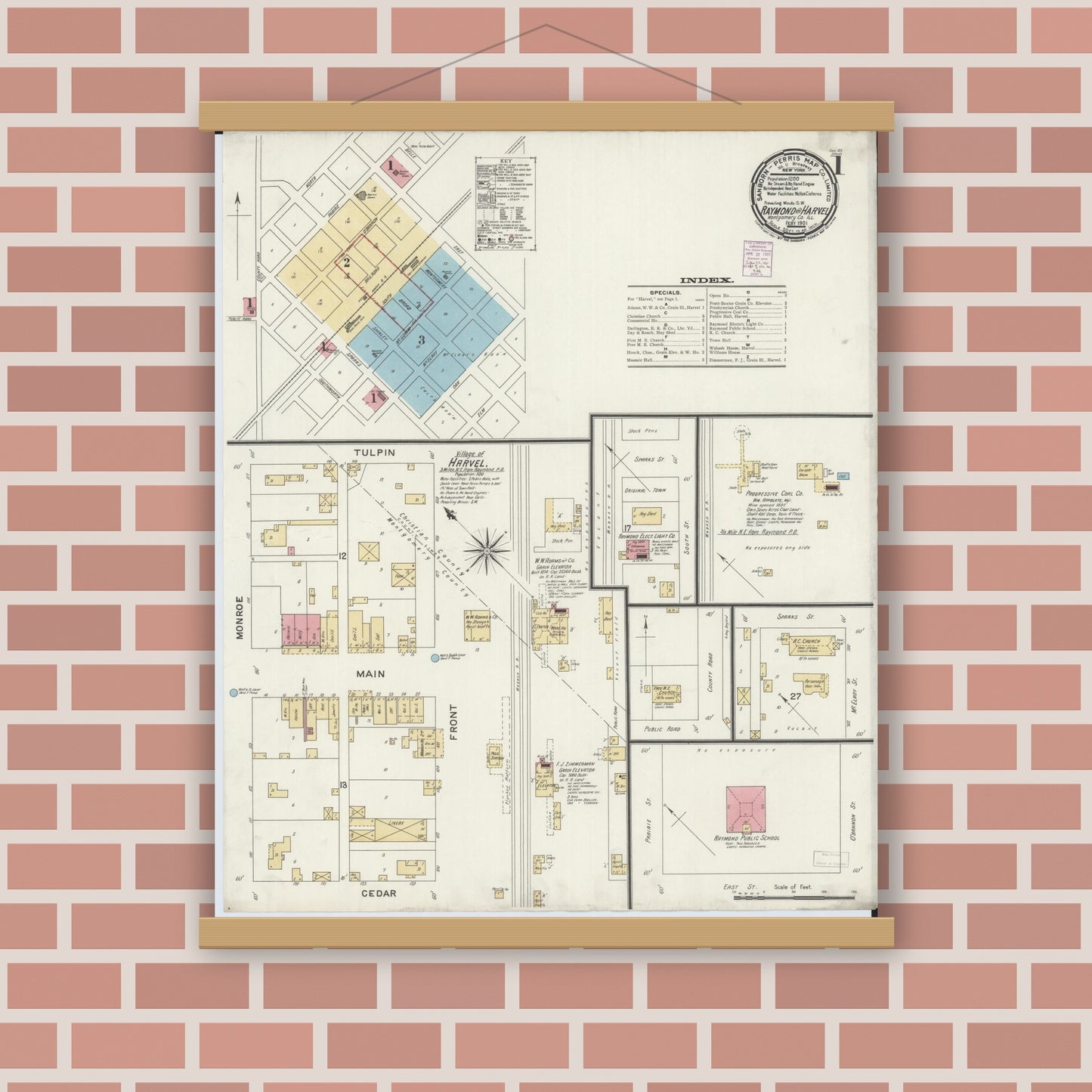 Old map wall art mockup — magnetic wood frame on brick wall — Sanborn Fire Insurance Map from Raymond, Montgomery County, Illinois (1901) - Complete Map Set