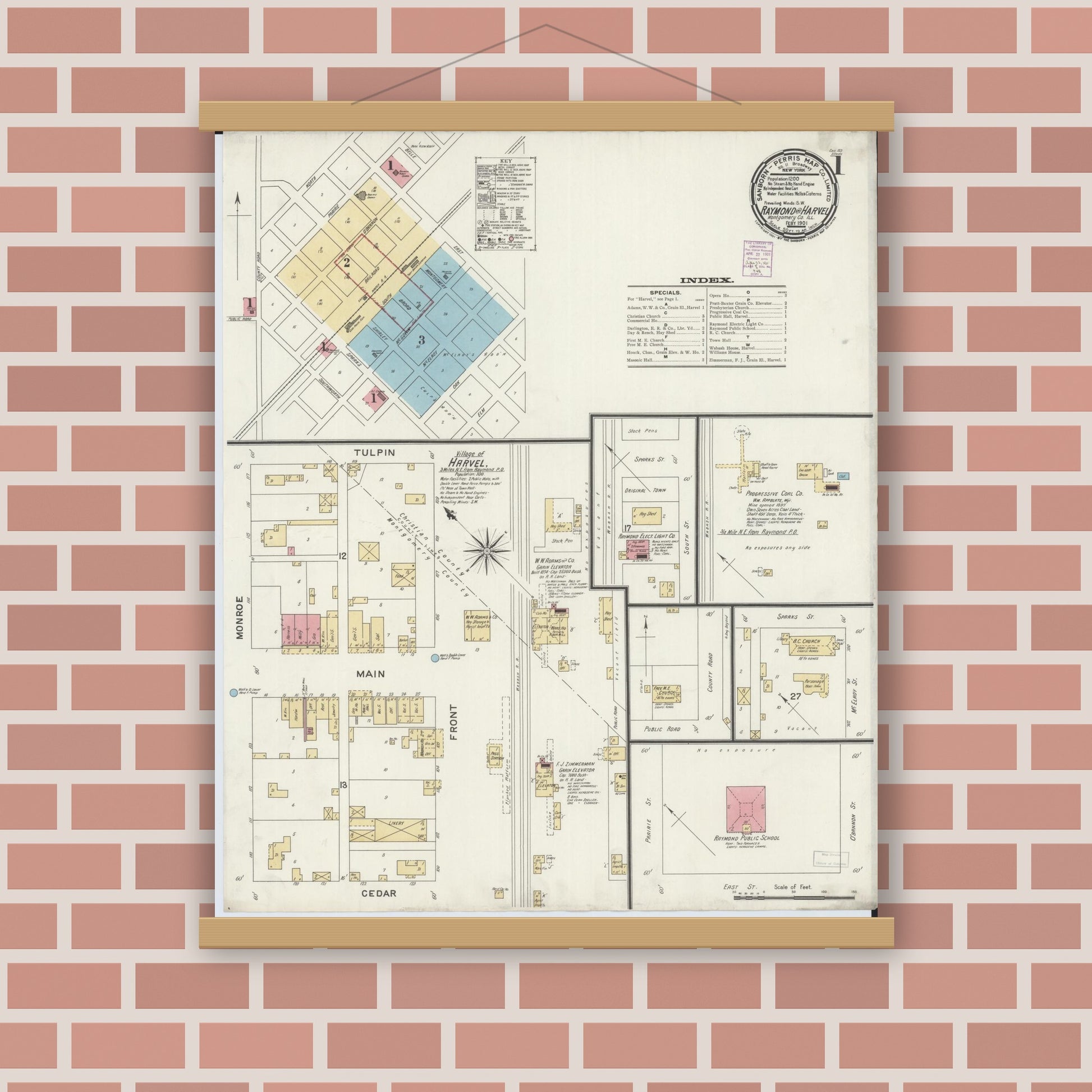 Old map wall art mockup — magnetic wood frame on brick wall — Sanborn Fire Insurance Map from Raymond, Montgomery County, Illinois (1901) - Complete Map Set