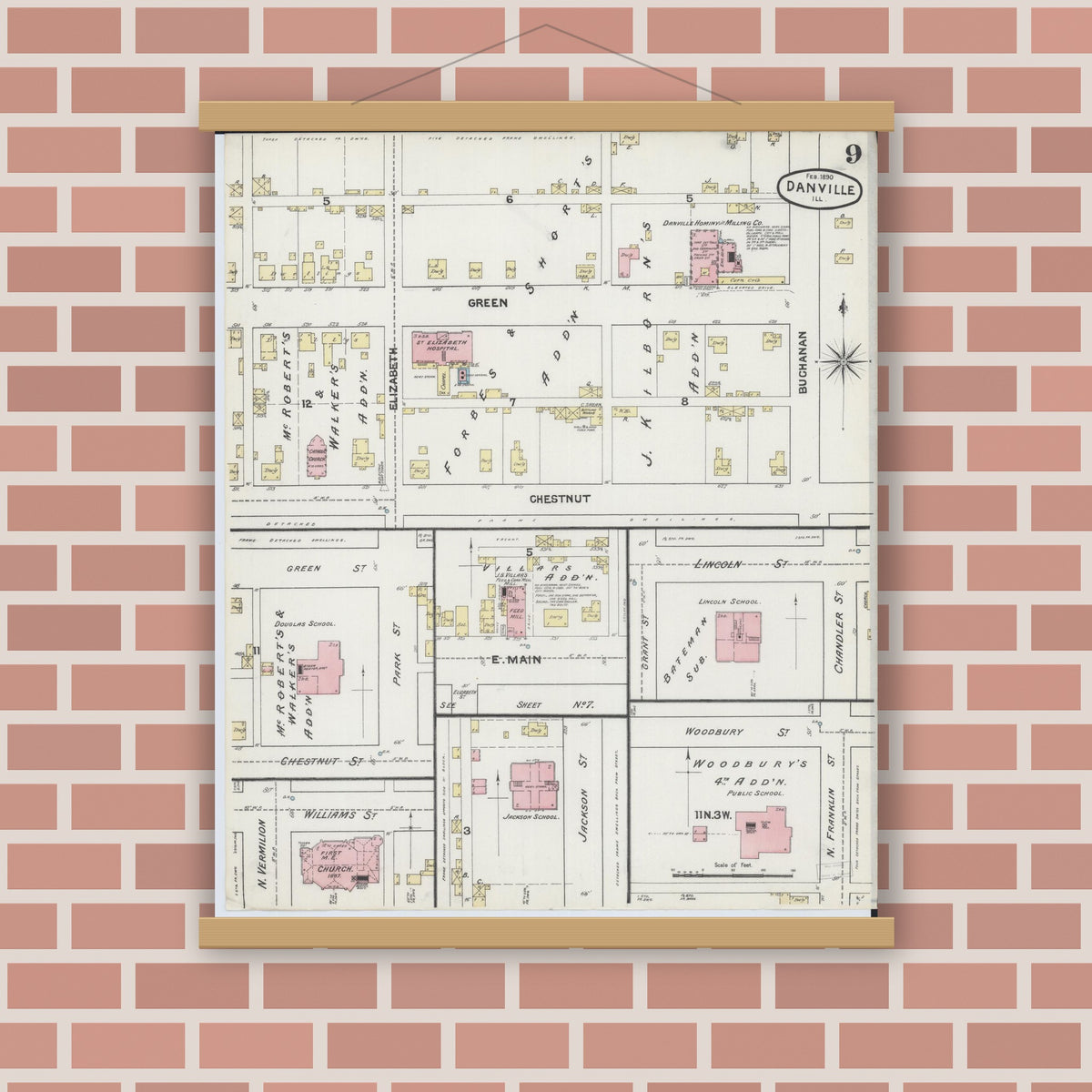 Old map wall art mockup — magnetic wood frame on brick wall — Sanborn Fire Insurance Map from Danville, Vermilion County, Illinois (1890), Sheet #0009