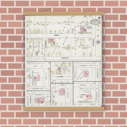 Old map wall art mockup — magnetic wood frame on brick wall — Sanborn Fire Insurance Map from Danville, Vermilion County, Illinois (1890), Sheet #0009