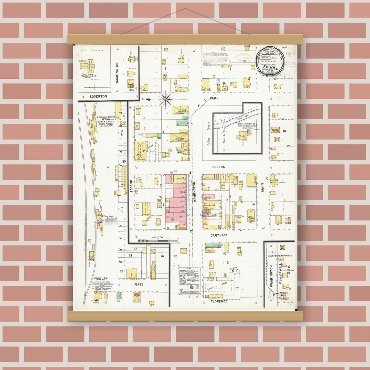 Old map wall art mockup — magnetic wood frame on brick wall — Sanborn Fire Insurance Map from Exira, Audubon County, Iowa (1899), Sheet #0001
