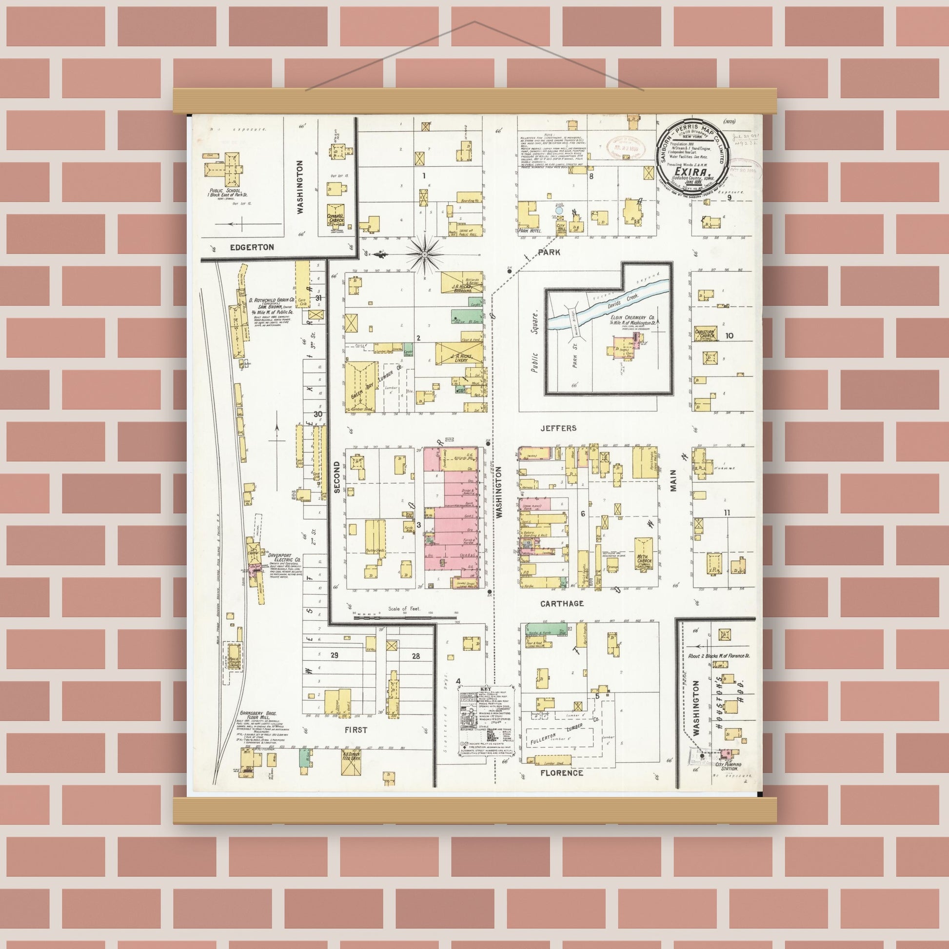 Old map wall art mockup — magnetic wood frame on brick wall — Sanborn Fire Insurance Map from Exira, Audubon County, Iowa (1899), Sheet #0001