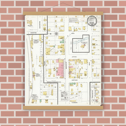 Old map wall art mockup — magnetic wood frame on brick wall — Sanborn Fire Insurance Map from Exira, Audubon County, Iowa (1899), Sheet #0001