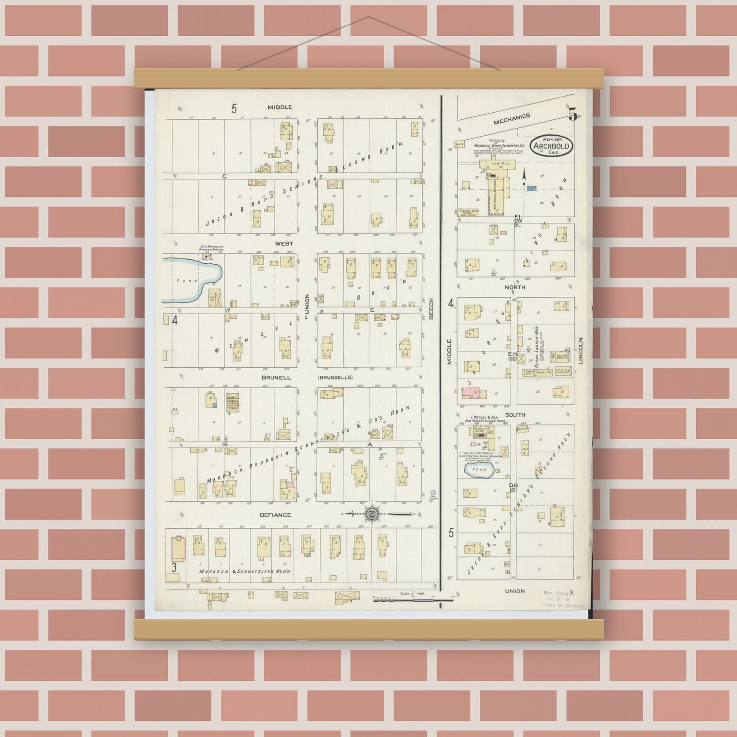 Old map wall art mockup — magnetic wood frame on brick wall — Sanborn Fire Insurance Map from Archbold, Fulton County, Ohio (1914), Sheet #0005
