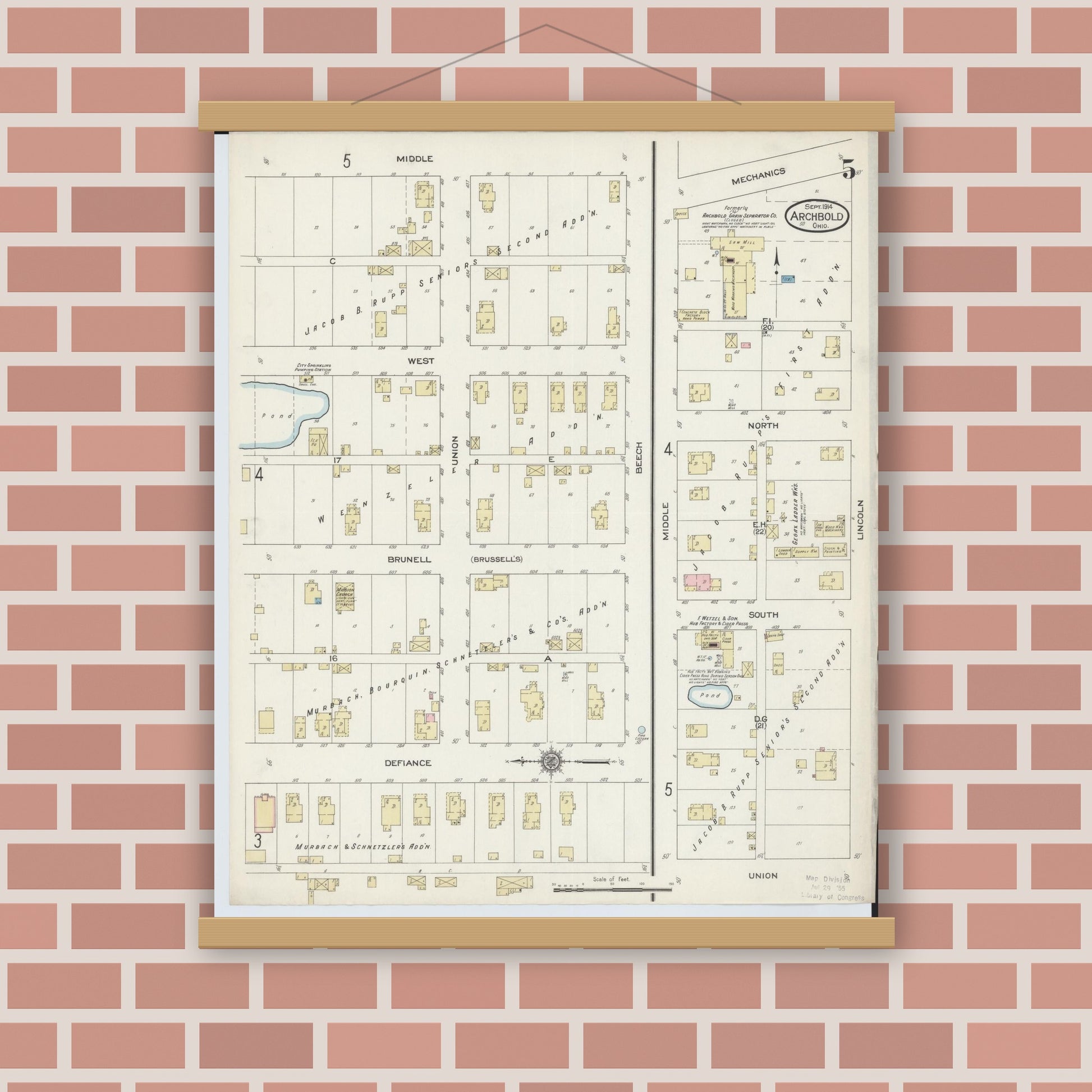 Old map wall art mockup — magnetic wood frame on brick wall — Sanborn Fire Insurance Map from Archbold, Fulton County, Ohio (1914), Sheet #0005