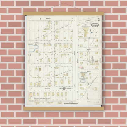 Old map wall art mockup — magnetic wood frame on brick wall — Sanborn Fire Insurance Map from Archbold, Fulton County, Ohio (1914), Sheet #0005