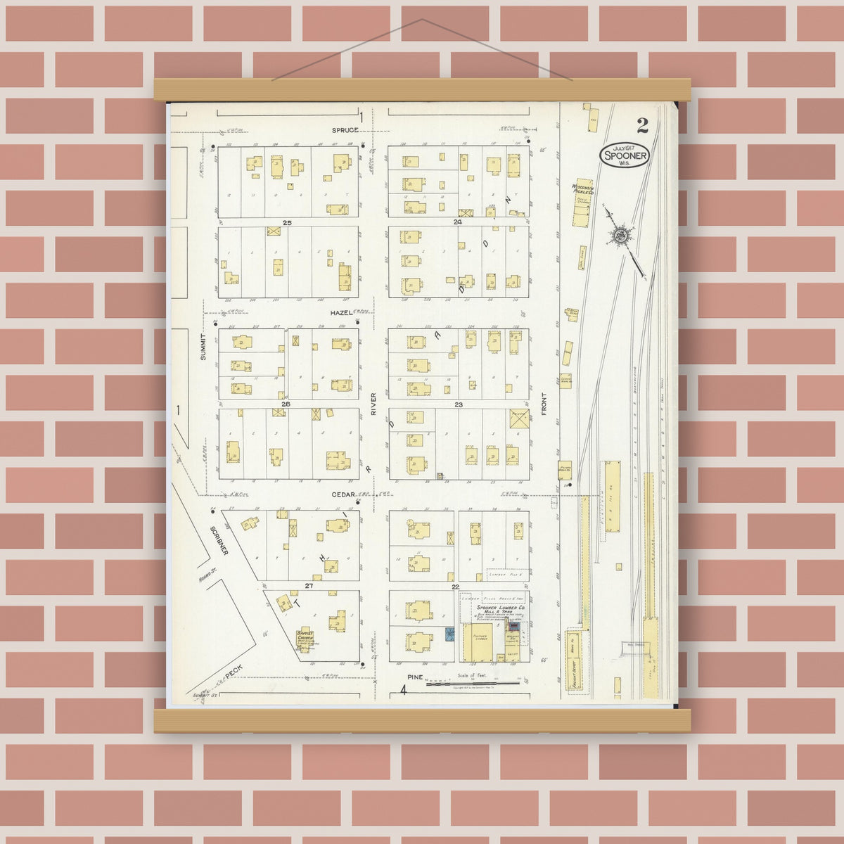 Old map wall art mockup — magnetic wood frame on brick wall — Sanborn Fire Insurance Map from Spooner, Washburn County, Wisconsin (1917), Sheet #0002