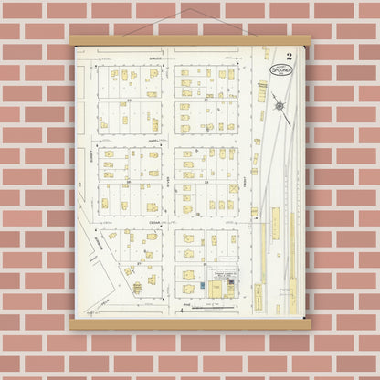 Old map wall art mockup — magnetic wood frame on brick wall — Sanborn Fire Insurance Map from Spooner, Washburn County, Wisconsin (1917), Sheet #0002