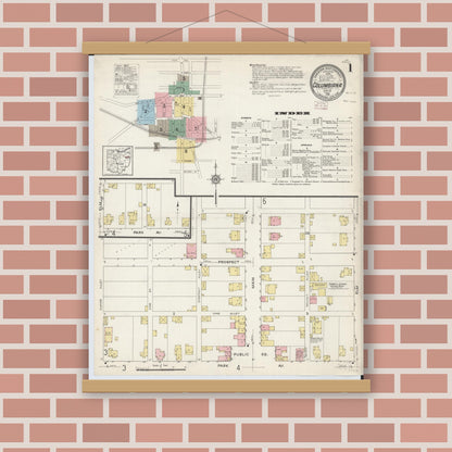 Old map wall art mockup — magnetic wood frame on brick wall — Sanborn Fire Insurance Map from Columbiana, Columbiana County, Ohio (1915) - Complete Map Set