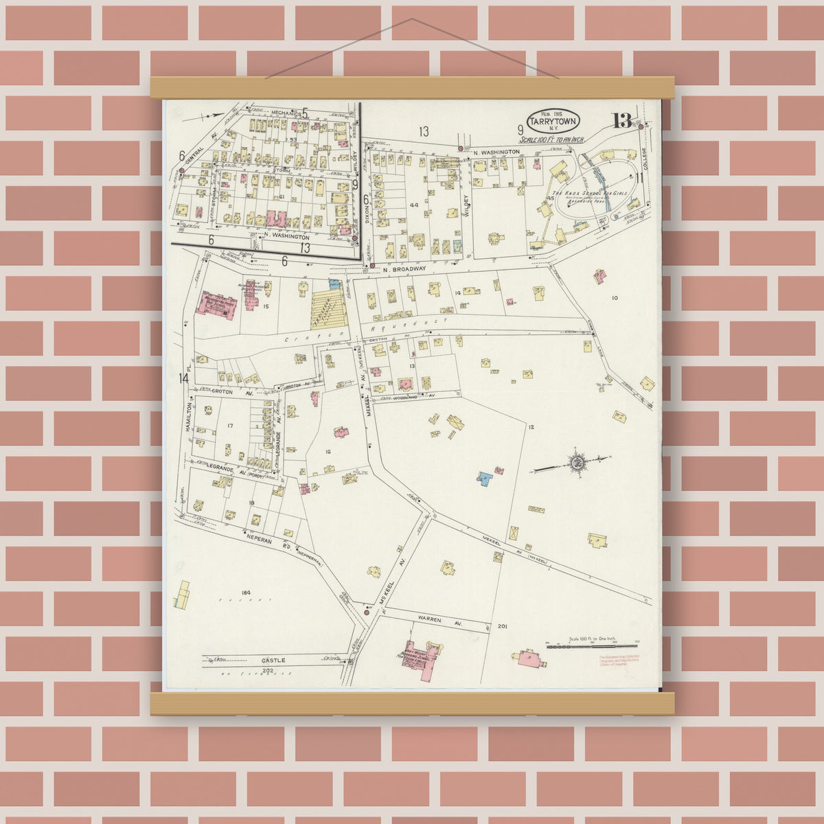 Old map wall art mockup — magnetic wood frame on brick wall — Sanborn Fire Insurance Map from Tarrytown, Westchester County, New York (1915), Sheet #0013