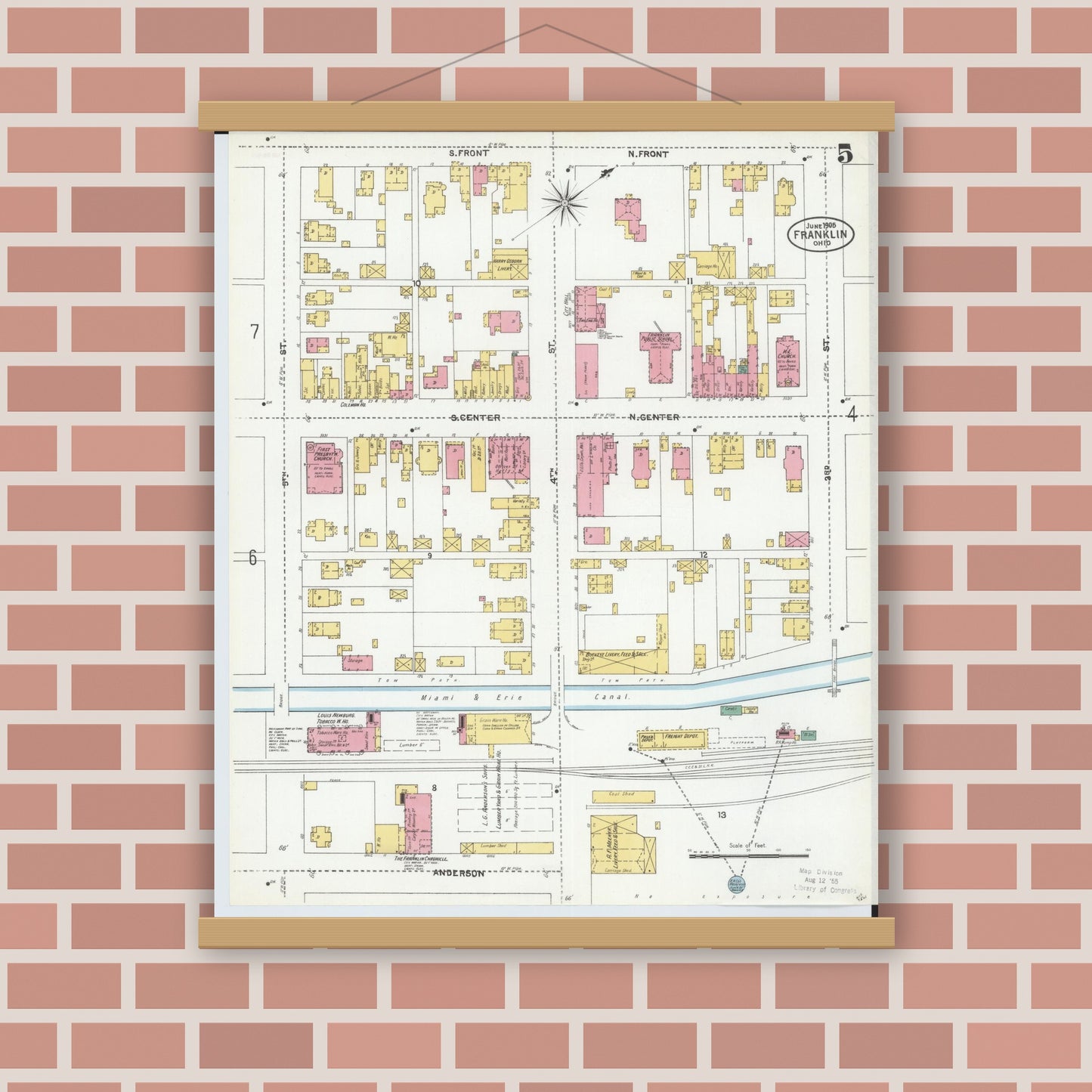 Old map wall art mockup — magnetic wood frame on brick wall — Sanborn Fire Insurance Map from Franklin, Warren County, Ohio (1905), Sheet #0005