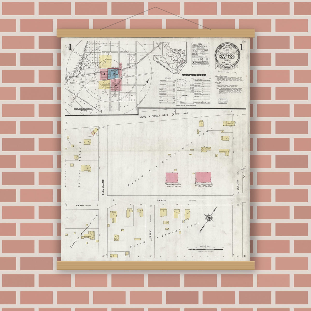 Old map wall art mockup — magnetic wood frame on brick wall — Sanborn Fire Insurance Map from Dayton, Liberty County, Texas (1927), Sheet #0001