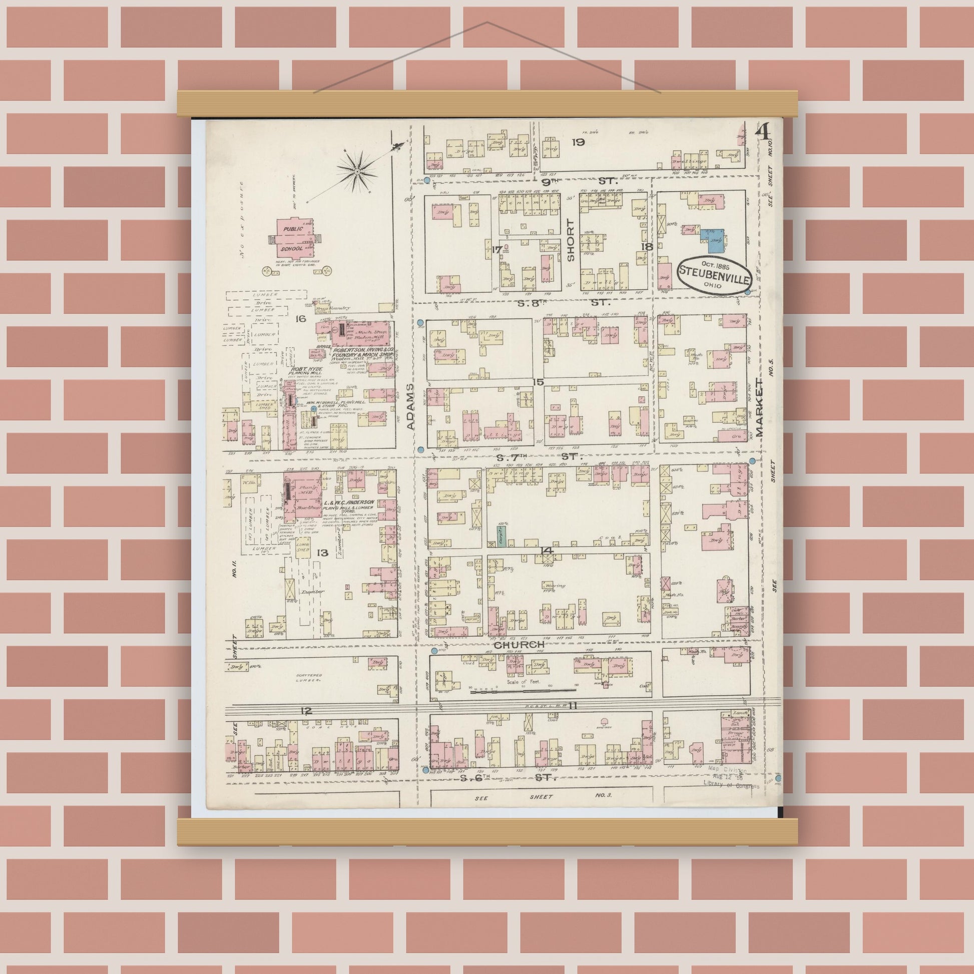 Old map wall art mockup — magnetic wood frame on brick wall — Sanborn Fire Insurance Map from Steubenville, Jefferson County, Ohio (1885), Sheet #0004