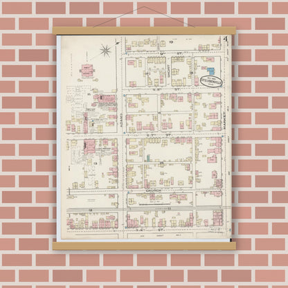 Old map wall art mockup — magnetic wood frame on brick wall — Sanborn Fire Insurance Map from Steubenville, Jefferson County, Ohio (1885), Sheet #0004