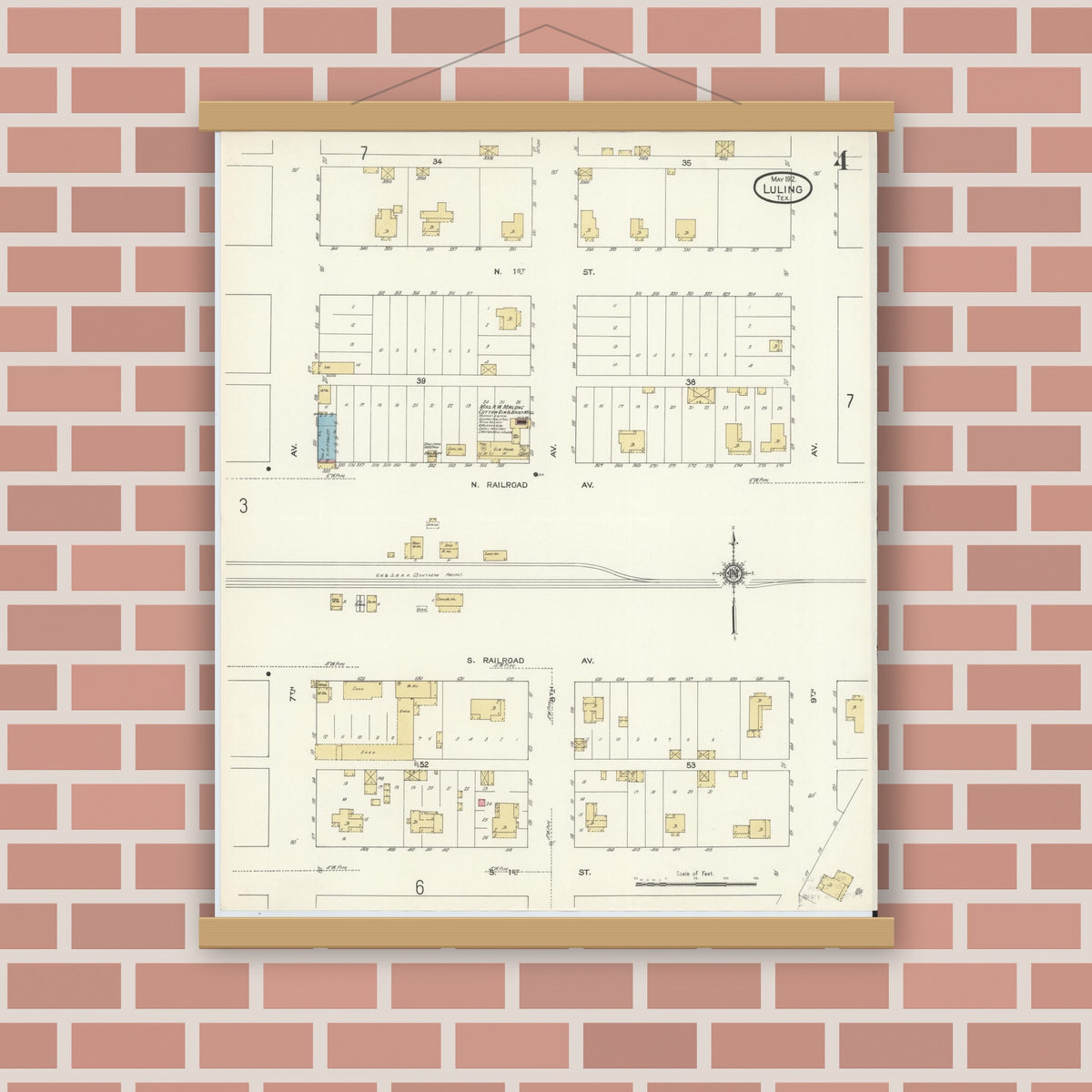 Old map wall art mockup — magnetic wood frame on brick wall — Sanborn Fire Insurance Map from Luling, Caldwell County, Texas (1912), Sheet #0004