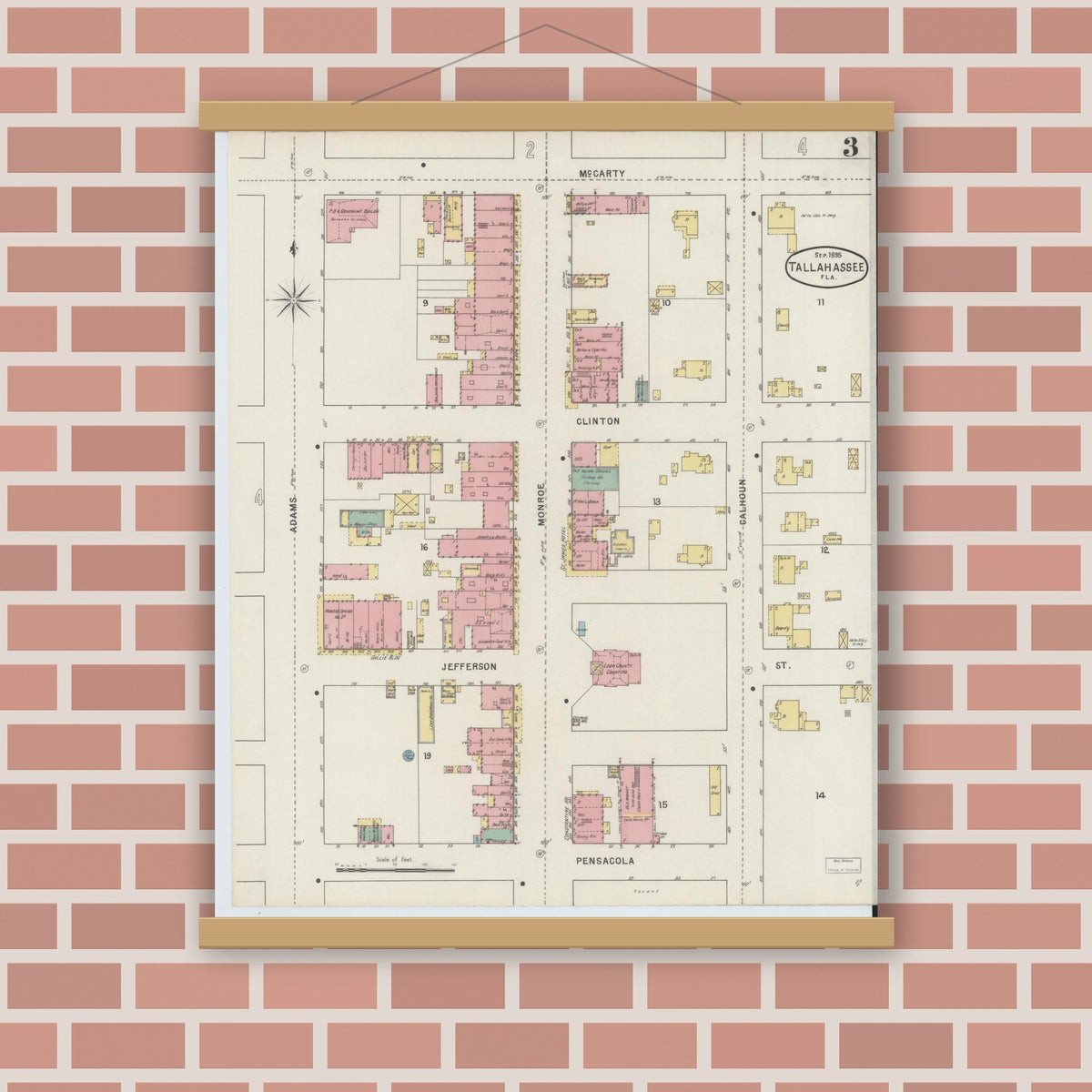 Old map wall art mockup — magnetic wood frame on brick wall — Sanborn Fire Insurance Map from Tallahassee, Leon County, Florida (1895), Sheet #0003