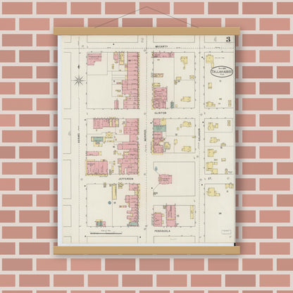 Old map wall art mockup — magnetic wood frame on brick wall — Sanborn Fire Insurance Map from Tallahassee, Leon County, Florida (1895), Sheet #0003