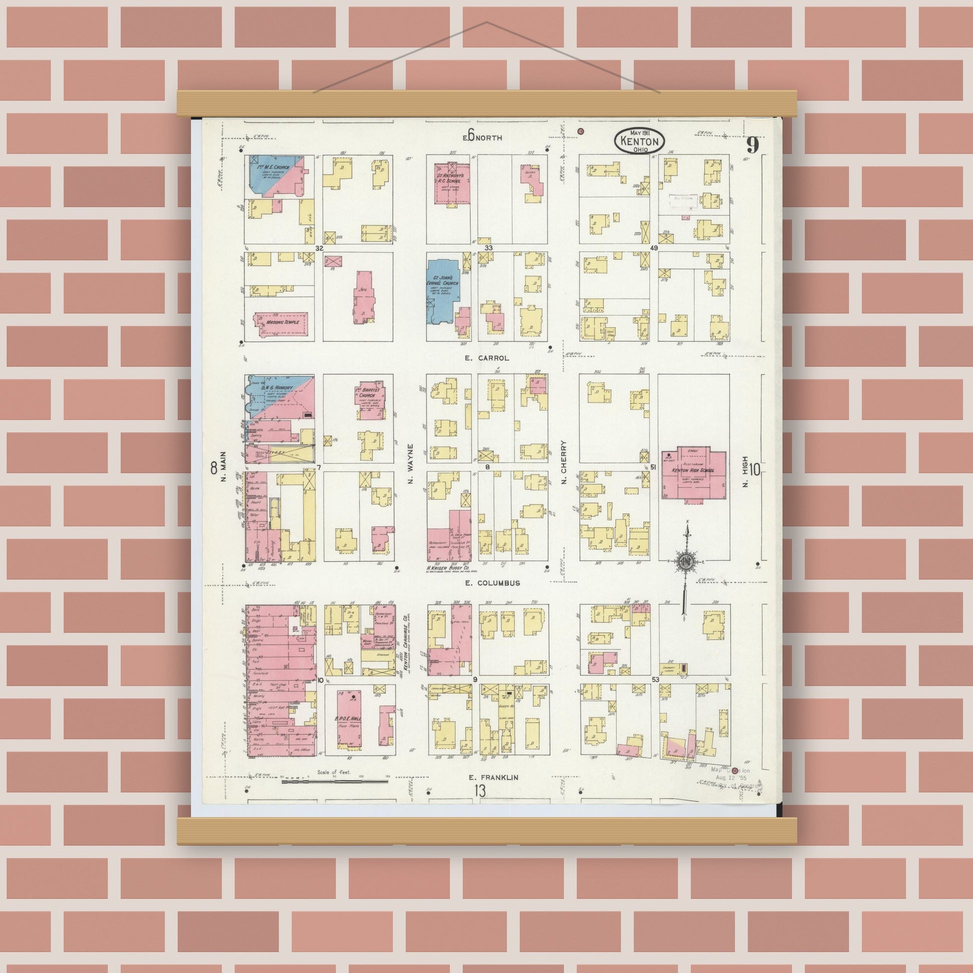Old map wall art mockup — magnetic wood frame on brick wall — Sanborn Fire Insurance Map from Kenton, Hardin County, Ohio (1911), Sheet #0009