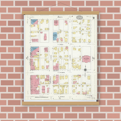 Old map wall art mockup — magnetic wood frame on brick wall — Sanborn Fire Insurance Map from Kenton, Hardin County, Ohio (1911), Sheet #0009