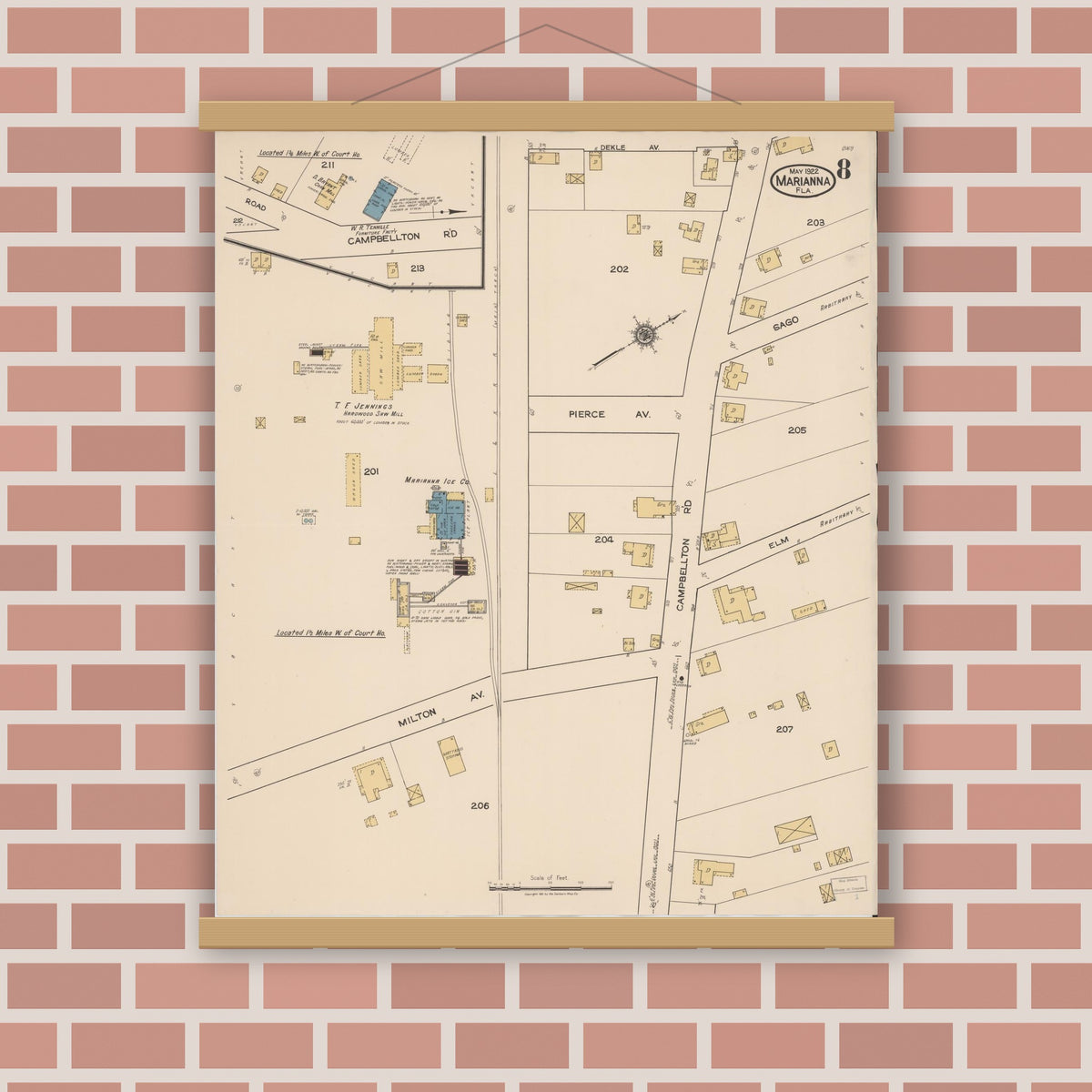 Old map wall art mockup — magnetic wood frame on brick wall — Sanborn Fire Insurance Map from Marianna, Jackson County, Florida (1922), Sheet #0008