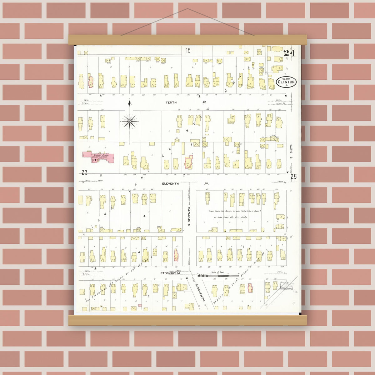 Old map wall art mockup — magnetic wood frame on brick wall — Sanborn Fire Insurance Map from Clinton, Clinton County, Iowa (1909), Sheet #0024