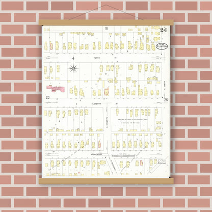 Old map wall art mockup — magnetic wood frame on brick wall — Sanborn Fire Insurance Map from Clinton, Clinton County, Iowa (1909), Sheet #0024