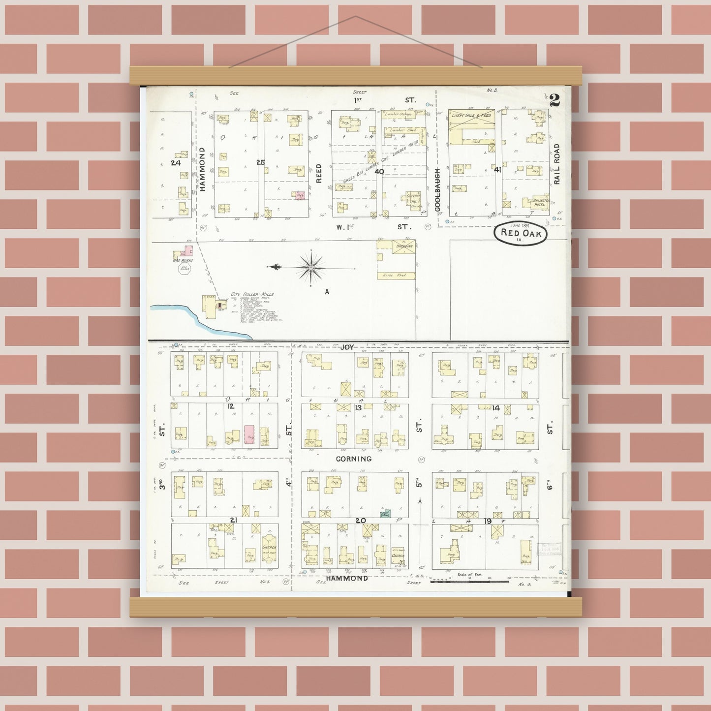 Old map wall art mockup — magnetic wood frame on brick wall — Sanborn Fire Insurance Map from Red Oak, Montgomery County, Iowa (1891), Sheet #0002