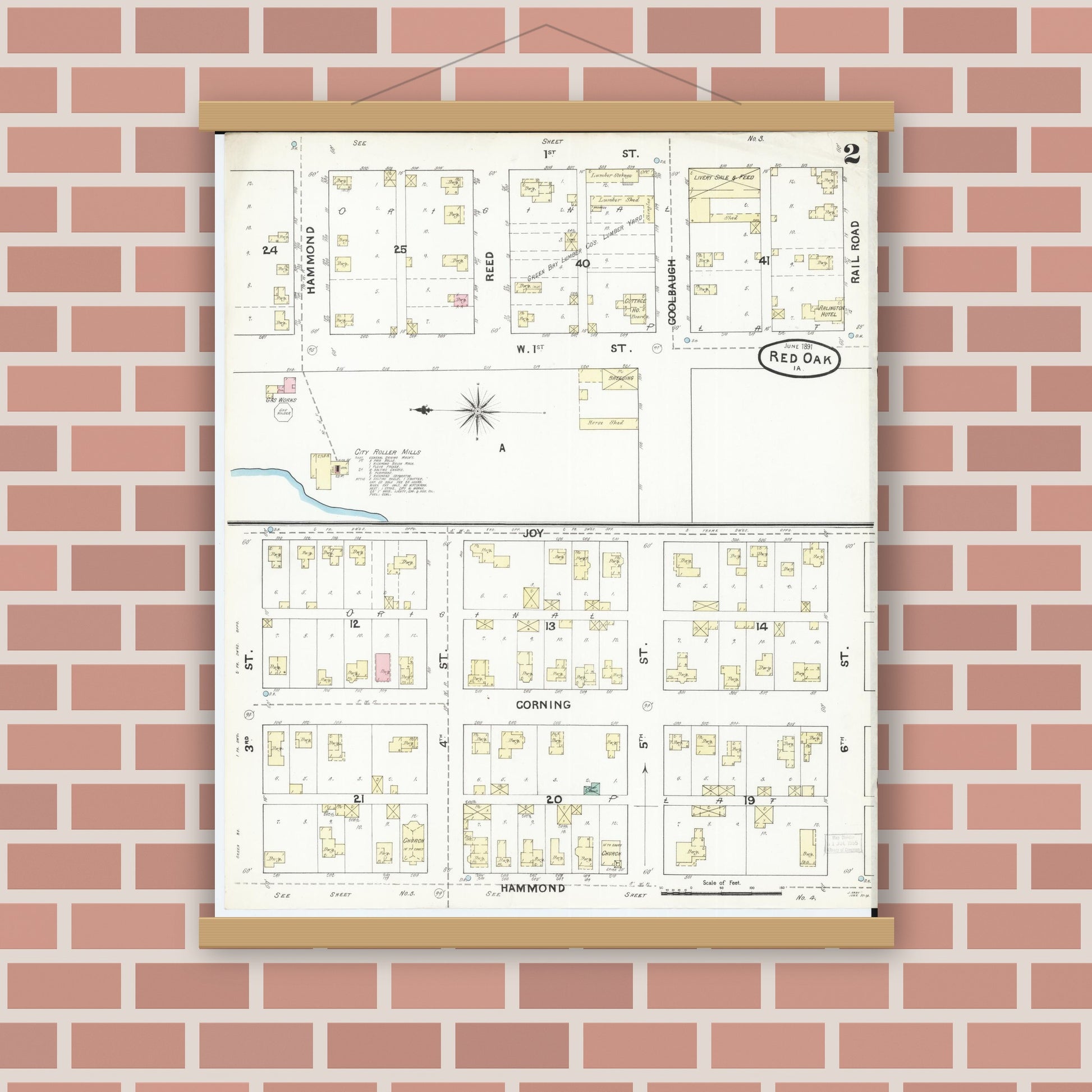 Old map wall art mockup — magnetic wood frame on brick wall — Sanborn Fire Insurance Map from Red Oak, Montgomery County, Iowa (1891), Sheet #0002