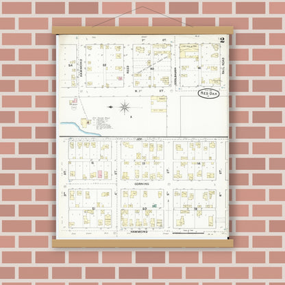 Old map wall art mockup — magnetic wood frame on brick wall — Sanborn Fire Insurance Map from Red Oak, Montgomery County, Iowa (1891), Sheet #0002
