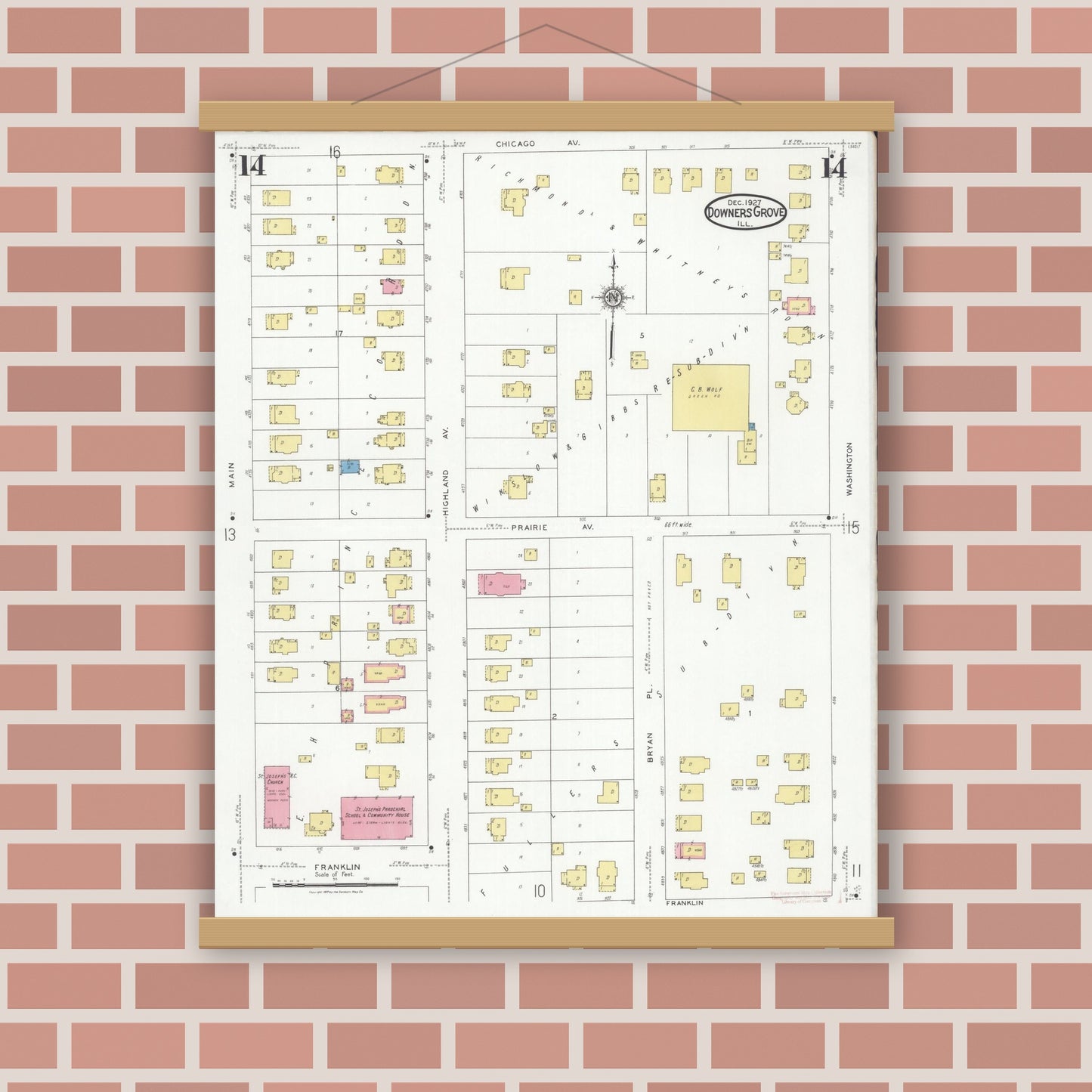 Old map wall art mockup — magnetic wood frame on brick wall — Sanborn Fire Insurance Map from Downers Grove, Dupage County, Illinois (1927), Sheet #0014