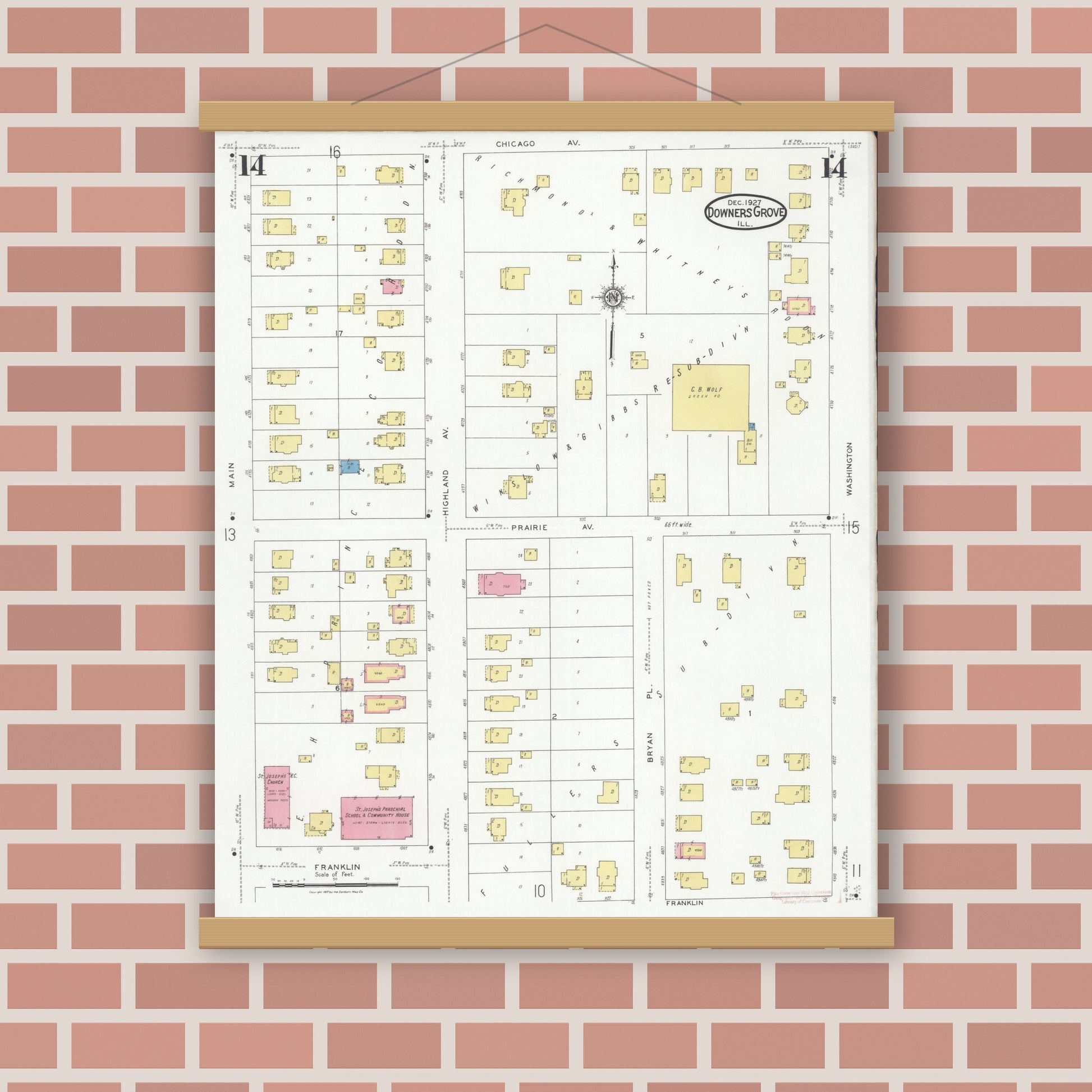 Old map wall art mockup — magnetic wood frame on brick wall — Sanborn Fire Insurance Map from Downers Grove, Dupage County, Illinois (1927), Sheet #0014