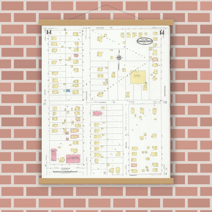 Old map wall art mockup — magnetic wood frame on brick wall — Sanborn Fire Insurance Map from Downers Grove, Dupage County, Illinois (1927), Sheet #0014