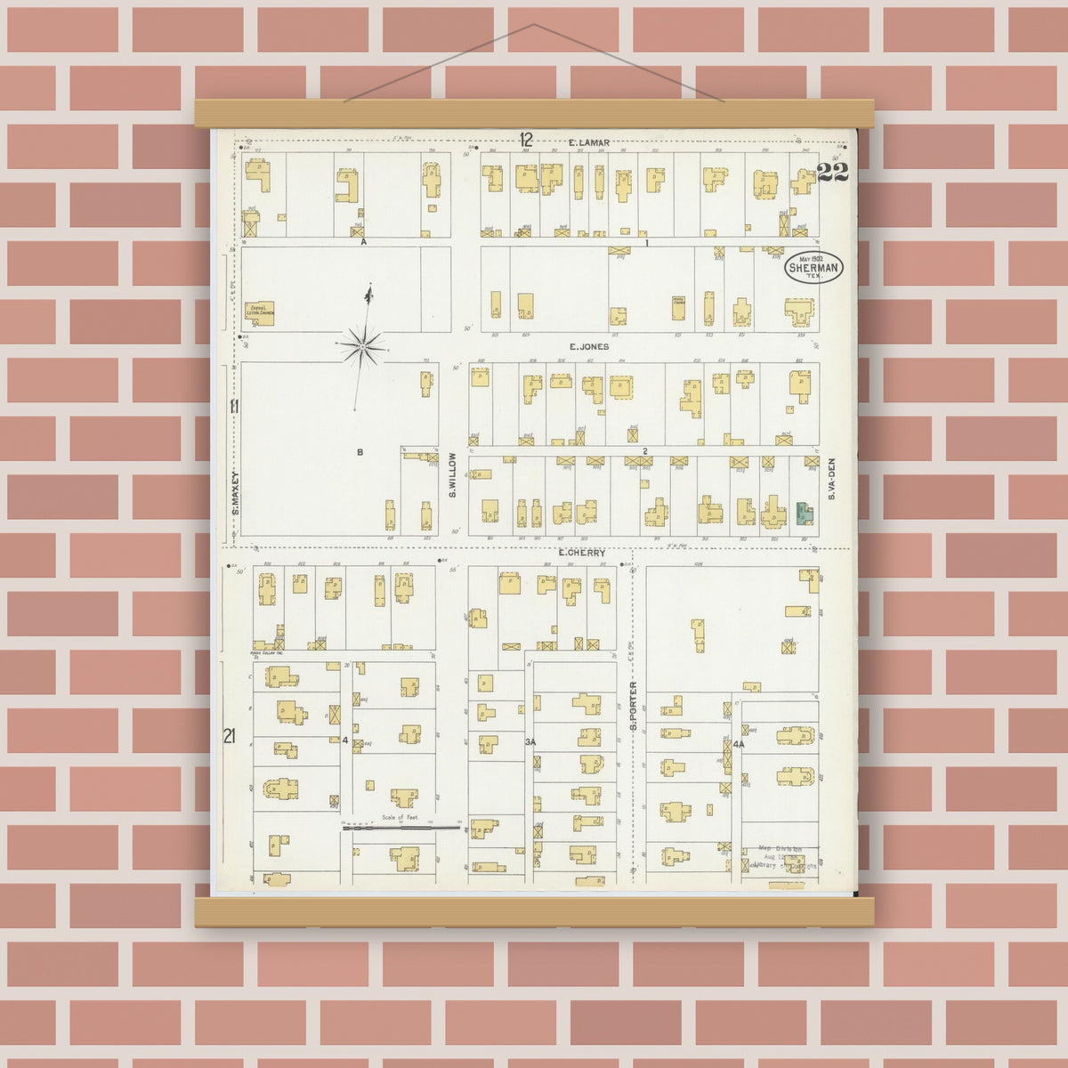Old map wall art mockup — magnetic wood frame on brick wall — Sanborn Fire Insurance Map from Sherman, Grayson County, Texas (1902), Sheet #0022