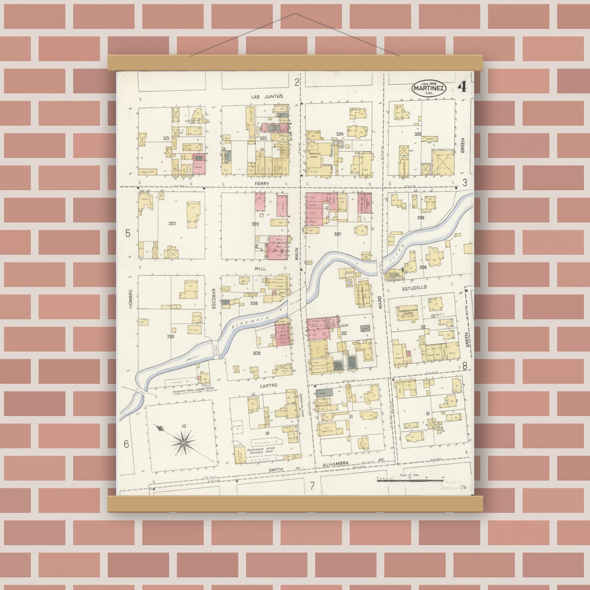 Old map wall art mockup — magnetic wood frame on brick wall — Sanborn Fire Insurance Map from Martinez, Contra Costa County, California (1908), Sheet #0004