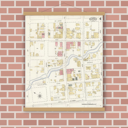 Old map wall art mockup — magnetic wood frame on brick wall — Sanborn Fire Insurance Map from Martinez, Contra Costa County, California (1908), Sheet #0004