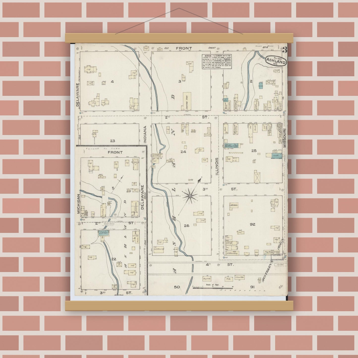 Old map wall art mockup — magnetic wood frame on brick wall — Sanborn Fire Insurance Map from Ashland, Ashland County, Wisconsin (1884), Sheet #0003