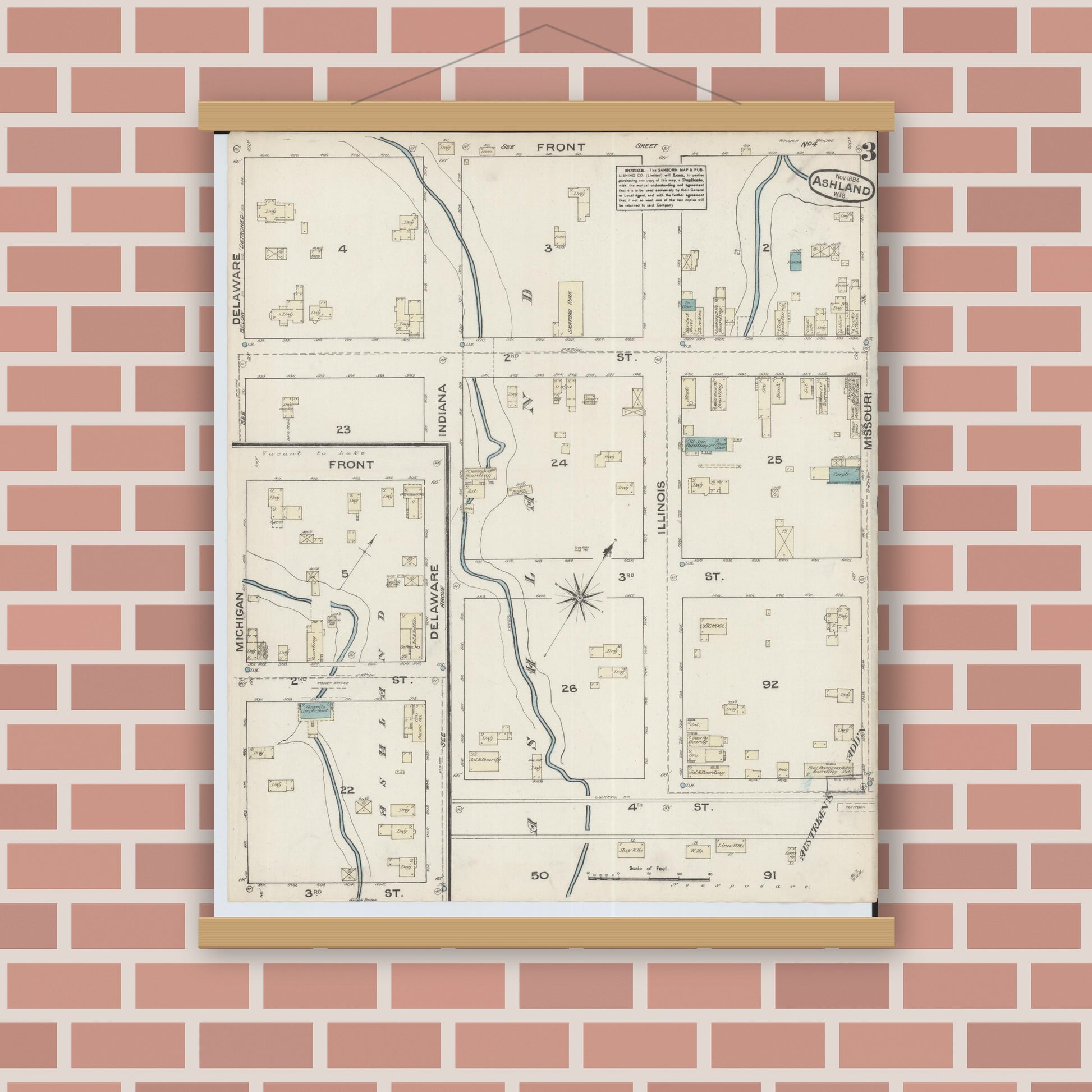 Old map wall art mockup — magnetic wood frame on brick wall — Sanborn Fire Insurance Map from Ashland, Ashland County, Wisconsin (1884), Sheet #0003