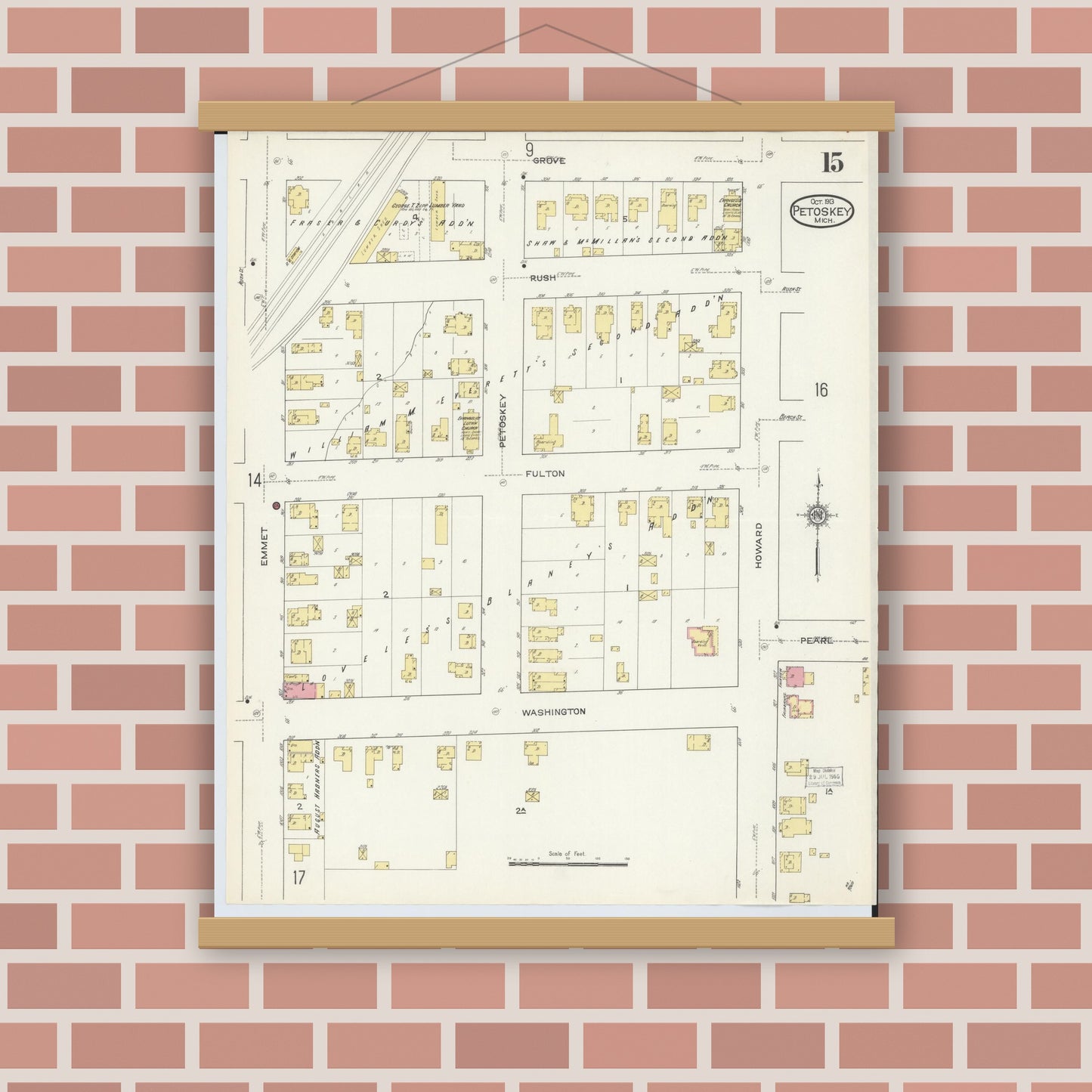 Old map wall art mockup — magnetic wood frame on brick wall — Sanborn Fire Insurance Map from Petoskey, Emmet County, Michigan (1913), Sheet #0015