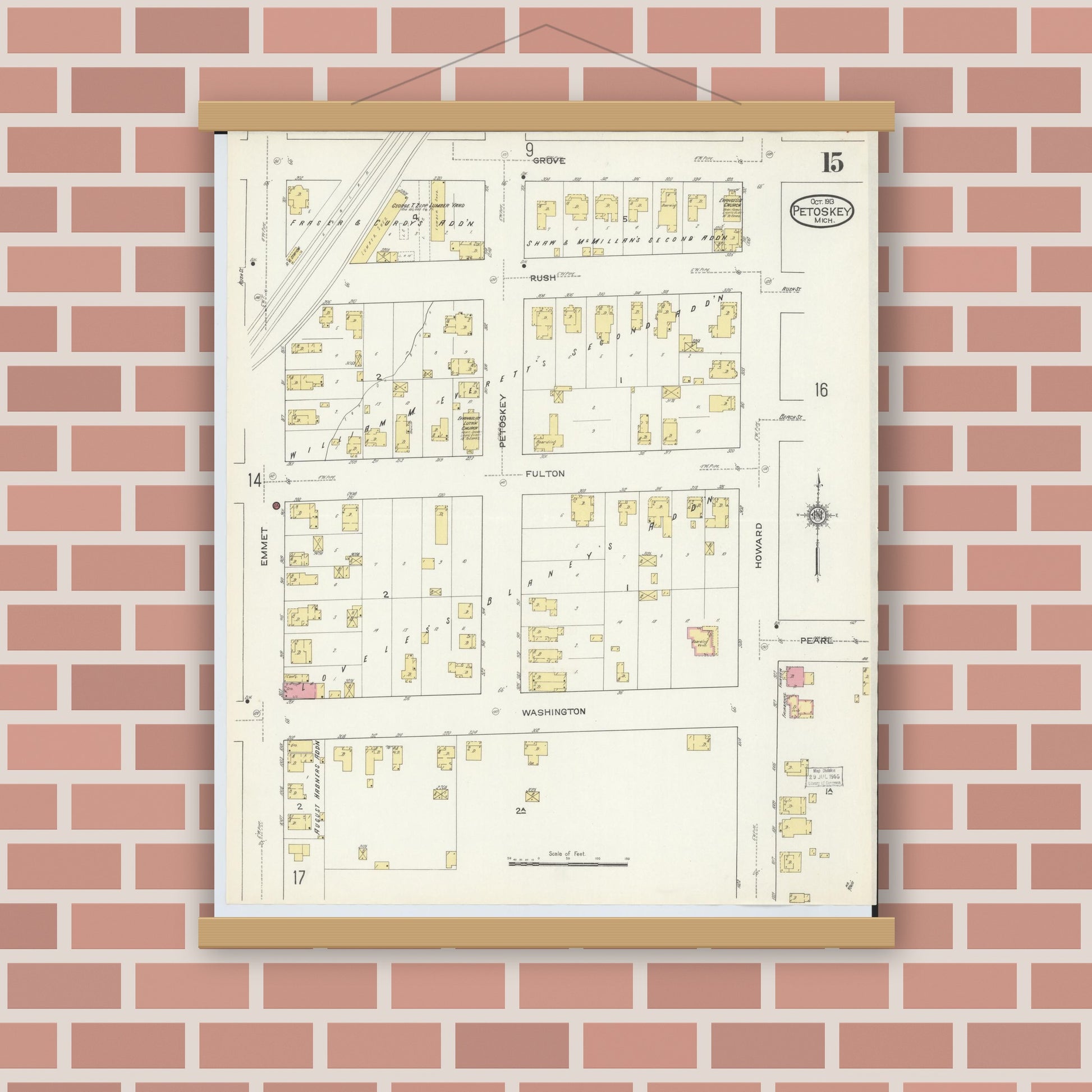 Old map wall art mockup — magnetic wood frame on brick wall — Sanborn Fire Insurance Map from Petoskey, Emmet County, Michigan (1913), Sheet #0015