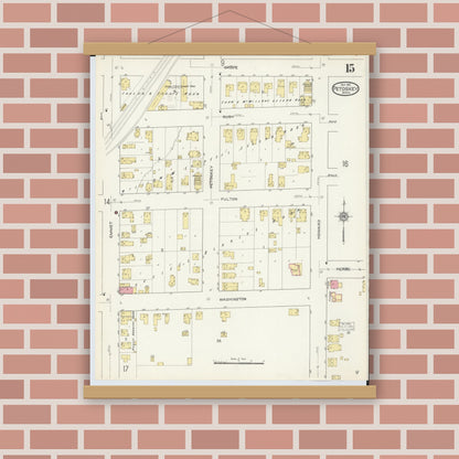 Old map wall art mockup — magnetic wood frame on brick wall — Sanborn Fire Insurance Map from Petoskey, Emmet County, Michigan (1913), Sheet #0015