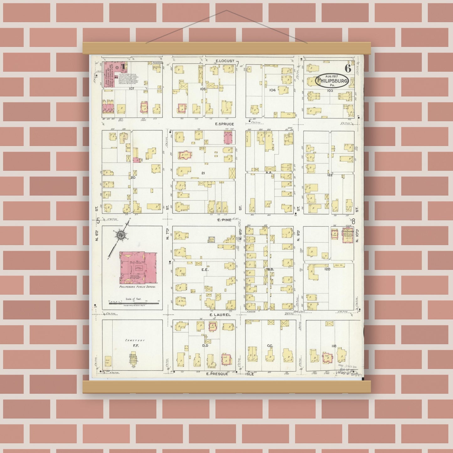 Old map wall art mockup — magnetic wood frame on brick wall — Sanborn Fire Insurance Map from Philipsburg, Centre County, Pennsylvania (1917), Sheet #0006