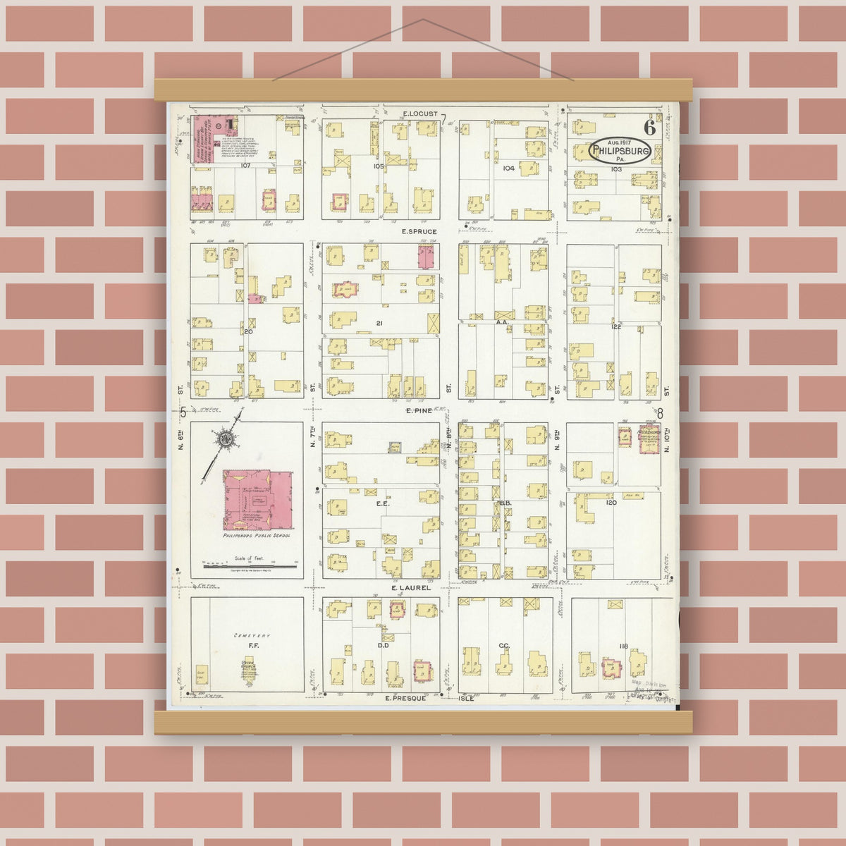 Old map wall art mockup — magnetic wood frame on brick wall — Sanborn Fire Insurance Map from Philipsburg, Centre County, Pennsylvania (1917), Sheet #0006