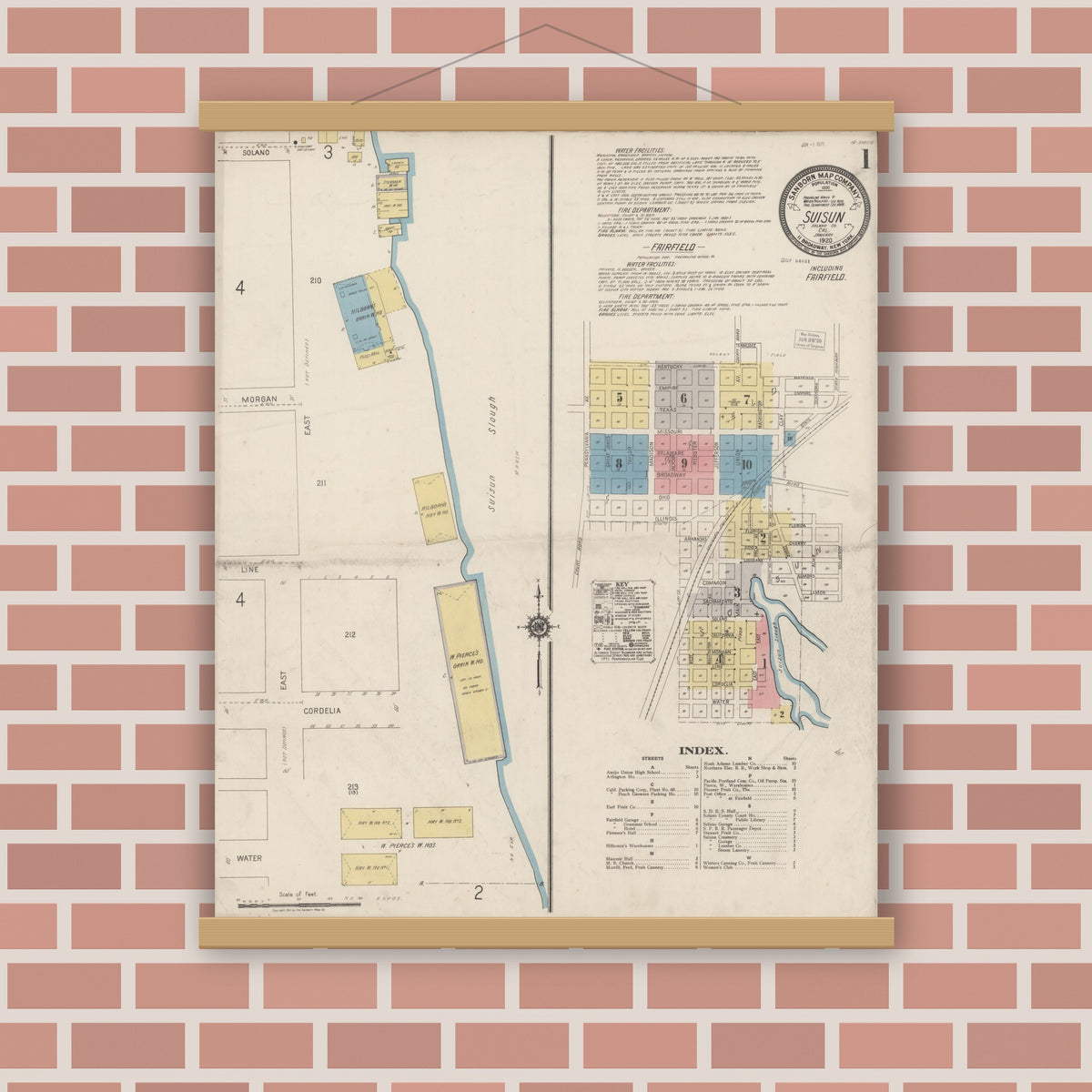 Old map wall art mockup — magnetic wood frame on brick wall — Sanborn Fire Insurance Map from Suisun, Solano County, California (1920) - Complete Map Set