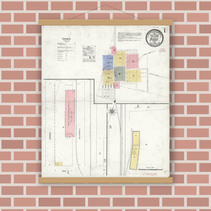 Old map wall art mockup — magnetic wood frame on brick wall — Sanborn Fire Insurance Map from Biggs, Butte County, California (1909), Sheet #0001