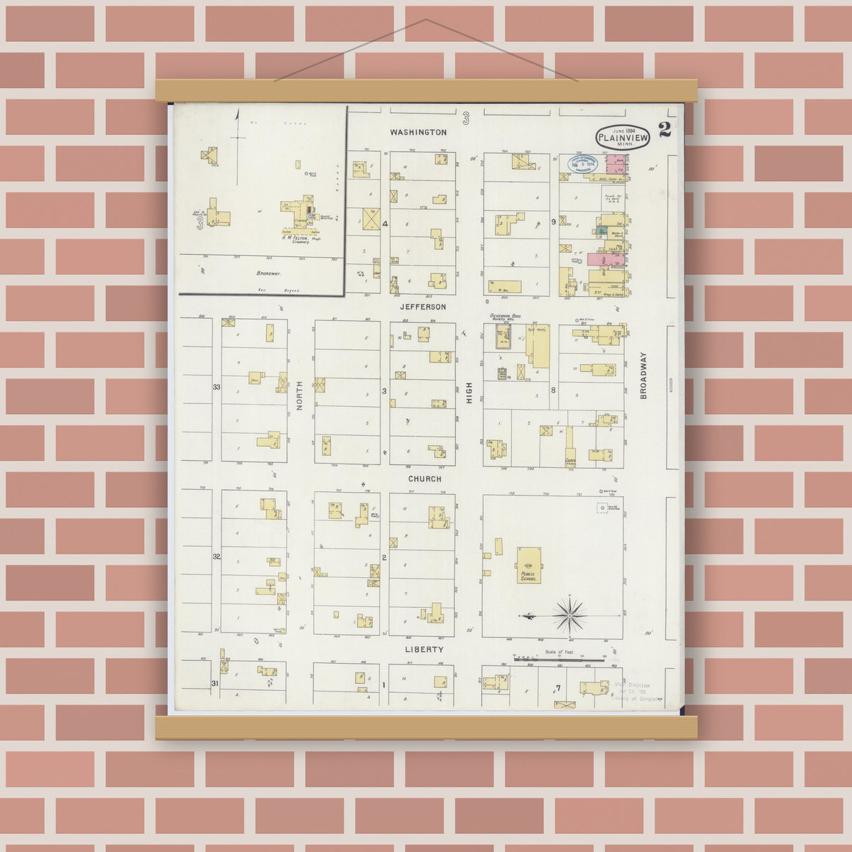 Old map wall art mockup — magnetic wood frame on brick wall — Sanborn Fire Insurance Map from Plainview, Wabasha County, Minnesota (1894), Sheet #0002