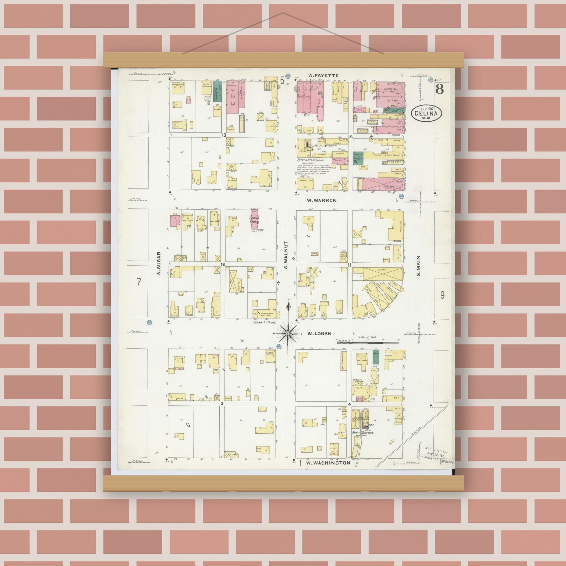 Old map wall art mockup — magnetic wood frame on brick wall — Sanborn Fire Insurance Map from Celina, Mercer County, Ohio (1907), Sheet #0008