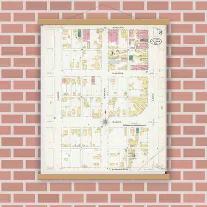 Old map wall art mockup — magnetic wood frame on brick wall — Sanborn Fire Insurance Map from Celina, Mercer County, Ohio (1907), Sheet #0008