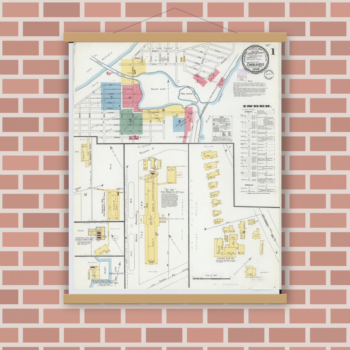 Old map wall art mockup — magnetic wood frame on brick wall — Sanborn Fire Insurance Map from Charlevoix, Charlevoix County, Michigan (1901), Sheet #0001