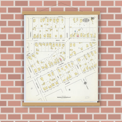 Old map wall art mockup — magnetic wood frame on brick wall — Sanborn Fire Insurance Map from Adrian, Lenawee County, Michigan (1916), Sheet #0010
