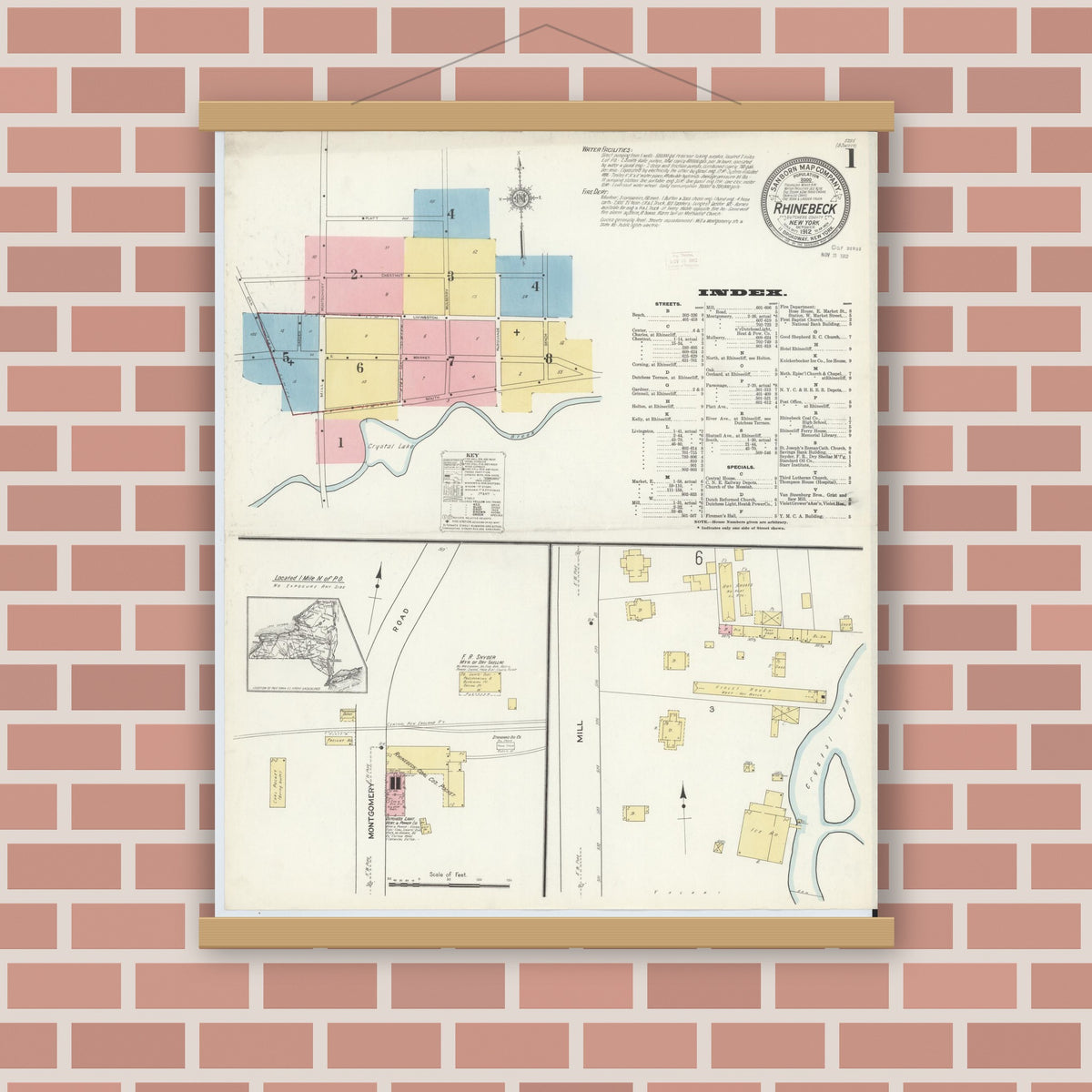 Old map wall art mockup — magnetic wood frame on brick wall — Sanborn Fire Insurance Map from Rhinebeck, Dutchess County, New York (1912) - Complete Map Set